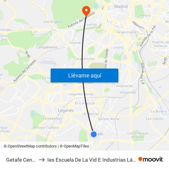 Getafe Central to Ies Escuela De La Vid E Industrias Lácteas map