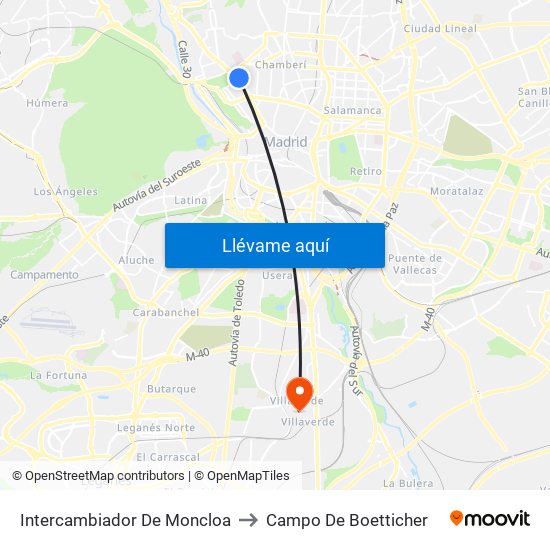 Intercambiador De Moncloa to Campo De Boetticher map