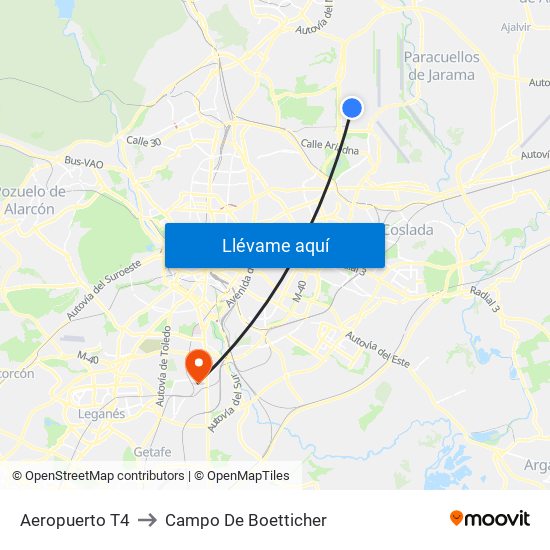 Aeropuerto T4 to Campo De Boetticher map