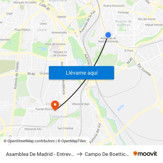 Asamblea De Madrid - Entrevías to Campo De Boetticher map