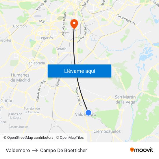 Valdemoro to Campo De Boetticher map