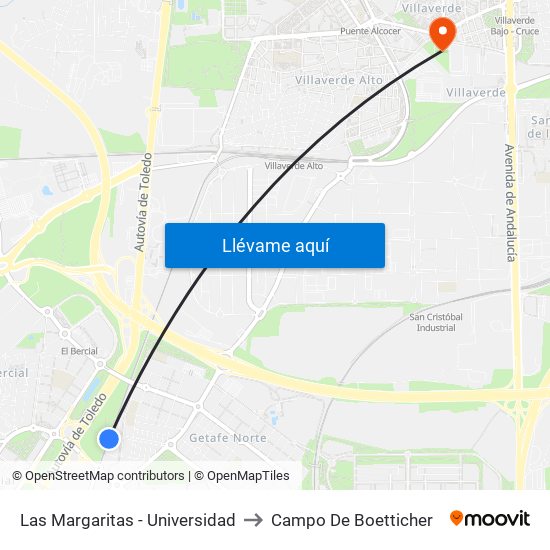 Las Margaritas - Universidad to Campo De Boetticher map