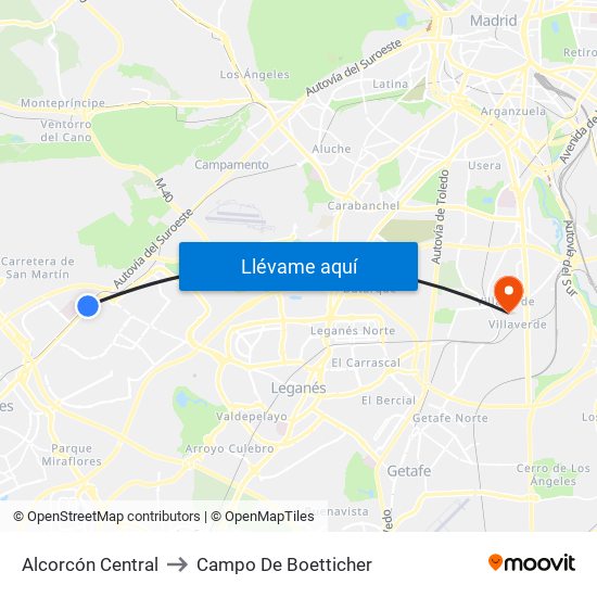 Alcorcón Central to Campo De Boetticher map