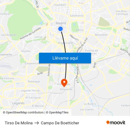 Tirso De Molina to Campo De Boetticher map