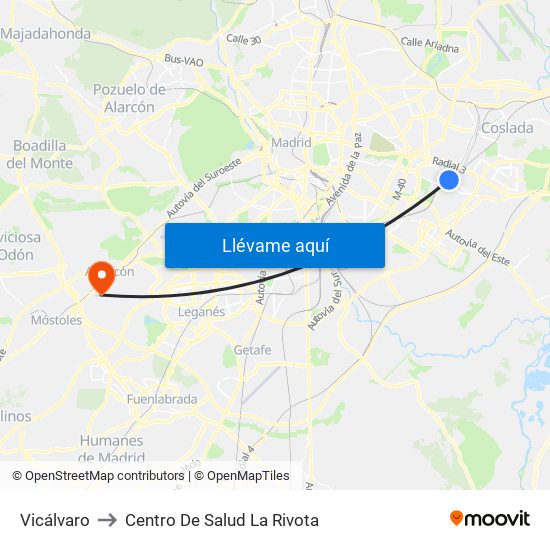 Vicálvaro to Centro De Salud La Rivota map