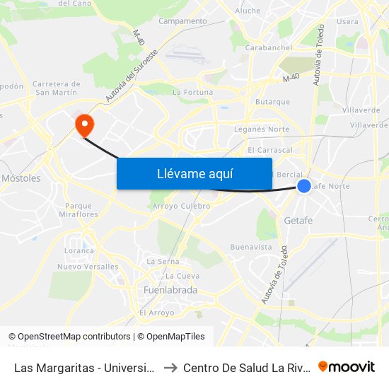 Las Margaritas - Universidad to Centro De Salud La Rivota map