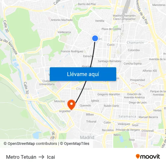 Metro Tetuán to Icai map