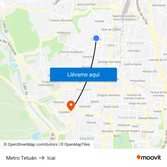 Metro Tetuán to Icai map