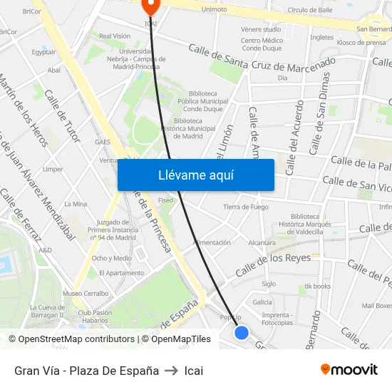 Gran Vía - Plaza De España to Icai map