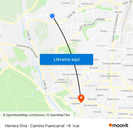 Herrera Oria - Camino Fuencarral to Icai map