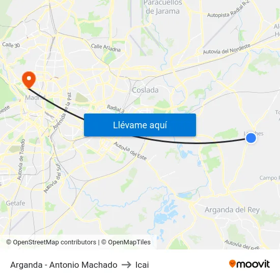 Arganda - Antonio Machado to Icai map