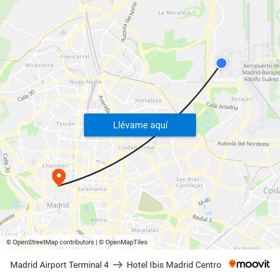 Madrid Airport Terminal 4 to Hotel Ibis Madrid Centro map