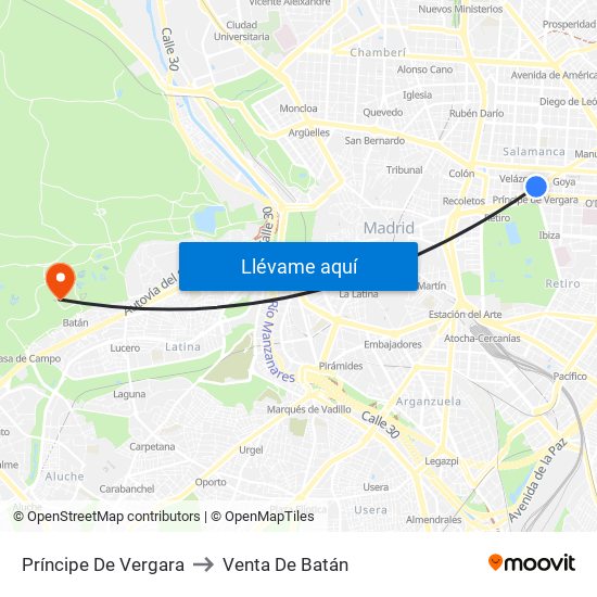 Príncipe De Vergara to Venta De Batán map