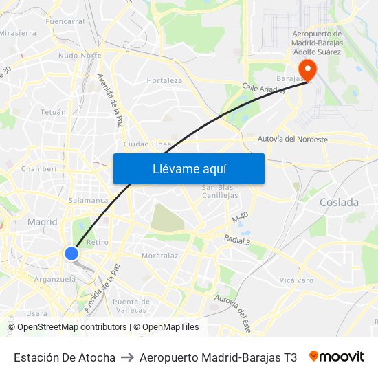 Estación De Atocha to Aeropuerto Madrid-Barajas T3 map