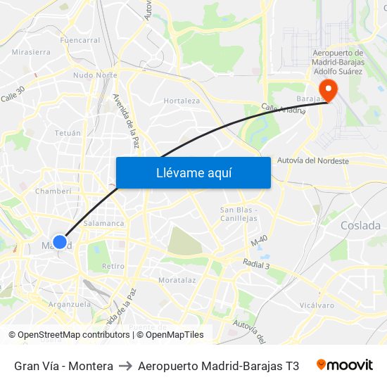 Gran Vía - Montera to Aeropuerto Madrid-Barajas T3 map