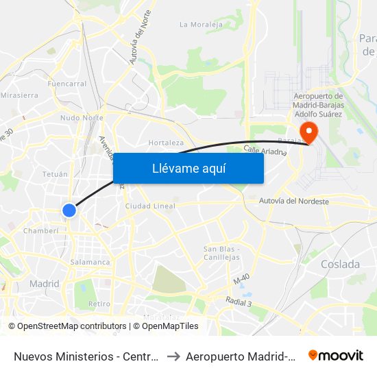 Nuevos Ministerios - Centro Comercial to Aeropuerto Madrid-Barajas T3 map