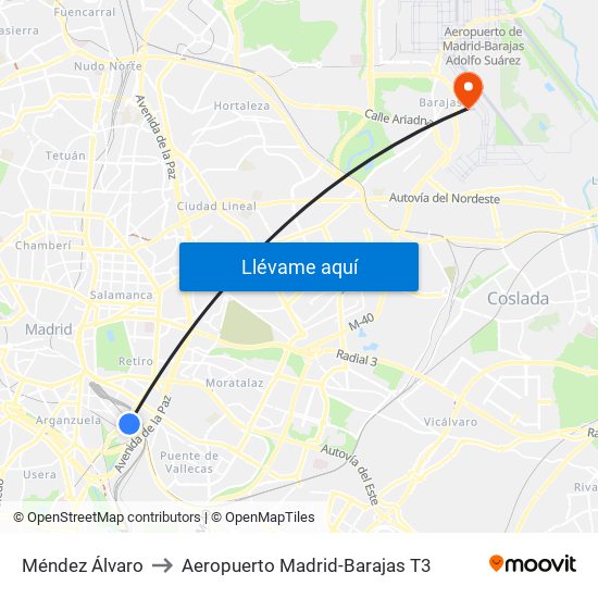 Méndez Álvaro to Aeropuerto Madrid-Barajas T3 map