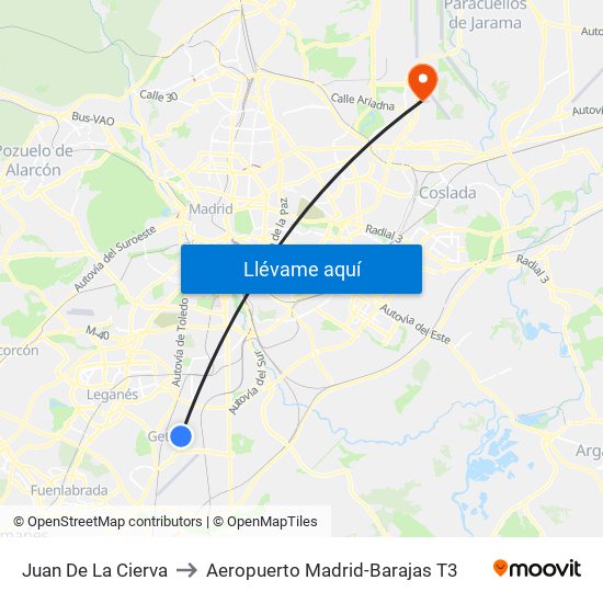 Juan De La Cierva to Aeropuerto Madrid-Barajas T3 map