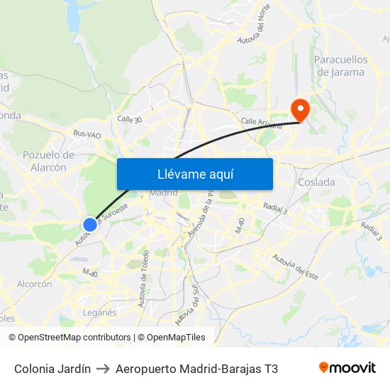 Colonia Jardín to Aeropuerto Madrid-Barajas T3 map