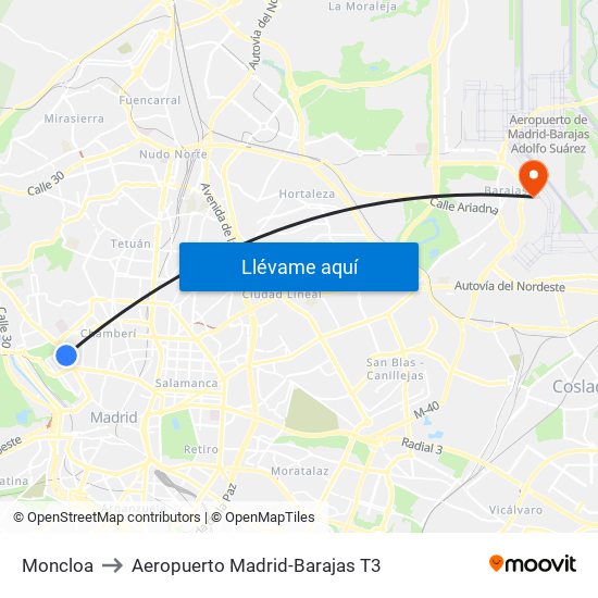 Moncloa to Aeropuerto Madrid-Barajas T3 map