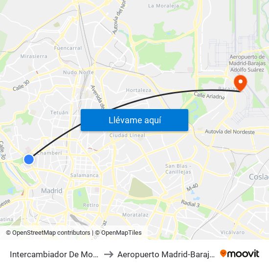 Intercambiador De Moncloa to Aeropuerto Madrid-Barajas T3 map