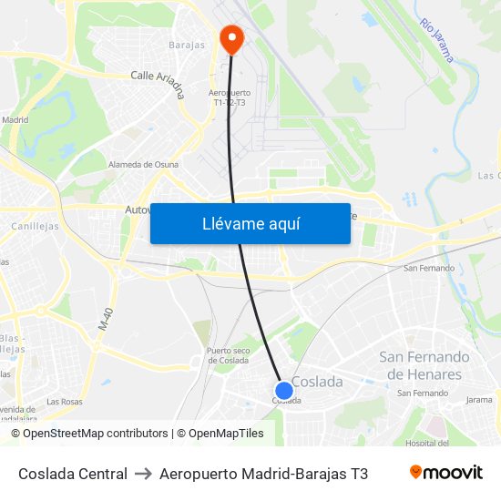 Coslada Central to Aeropuerto Madrid-Barajas T3 map