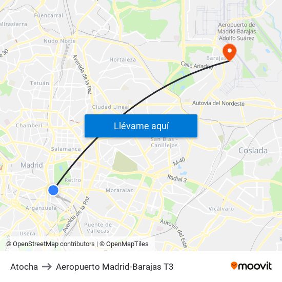 Atocha to Aeropuerto Madrid-Barajas T3 map
