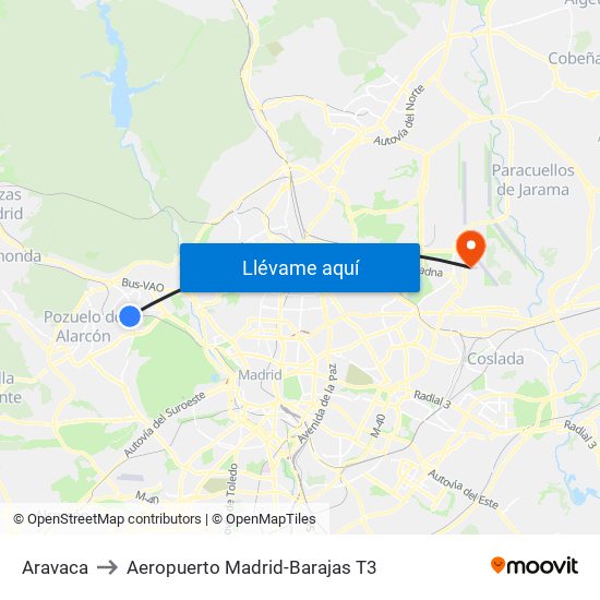 Aravaca to Aeropuerto Madrid-Barajas T3 map