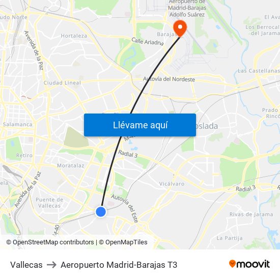 Vallecas to Aeropuerto Madrid-Barajas T3 map