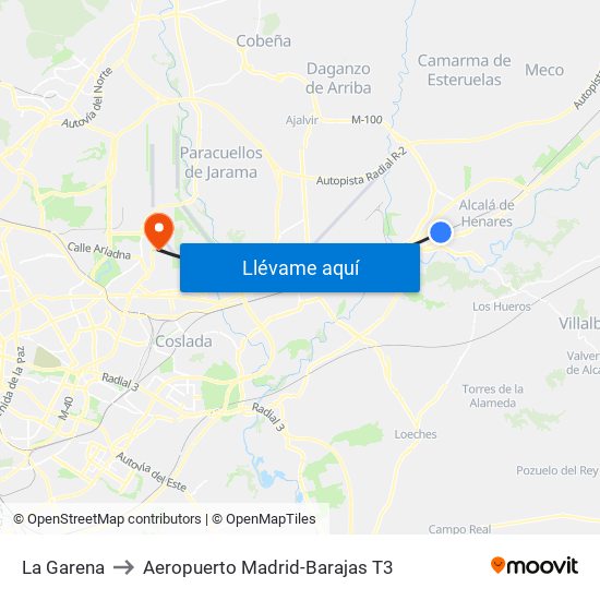 La Garena to Aeropuerto Madrid-Barajas T3 map