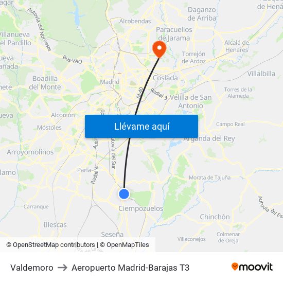 Valdemoro to Aeropuerto Madrid-Barajas T3 map