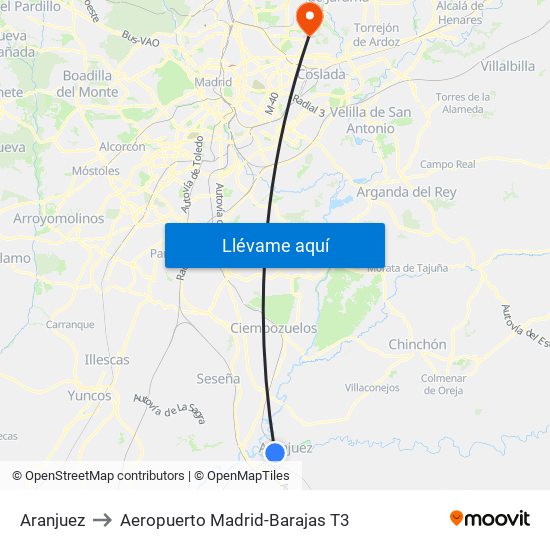 Aranjuez to Aeropuerto Madrid-Barajas T3 map
