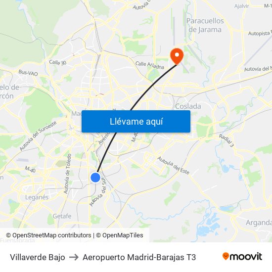 Villaverde Bajo to Aeropuerto Madrid-Barajas T3 map