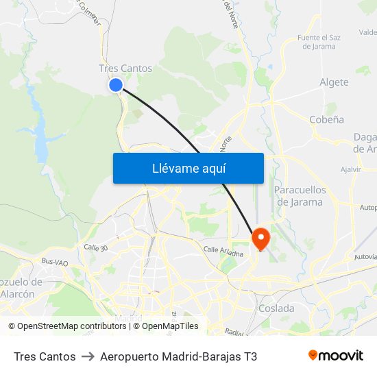 Tres Cantos to Aeropuerto Madrid-Barajas T3 map