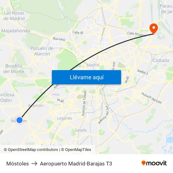 Móstoles to Aeropuerto Madrid-Barajas T3 map