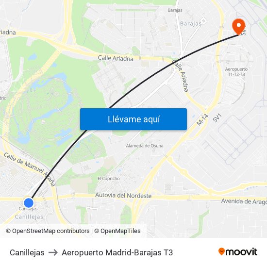 Canillejas to Aeropuerto Madrid-Barajas T3 map