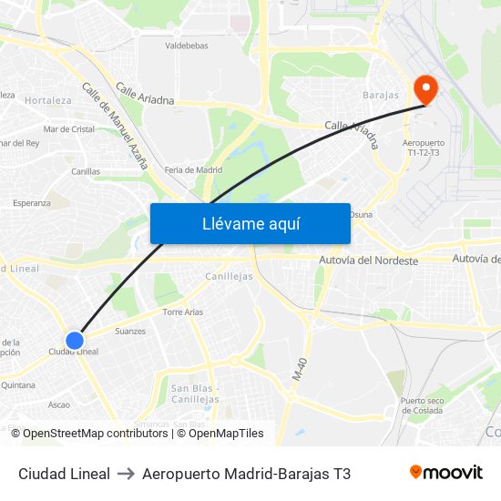 Ciudad Lineal to Aeropuerto Madrid-Barajas T3 map
