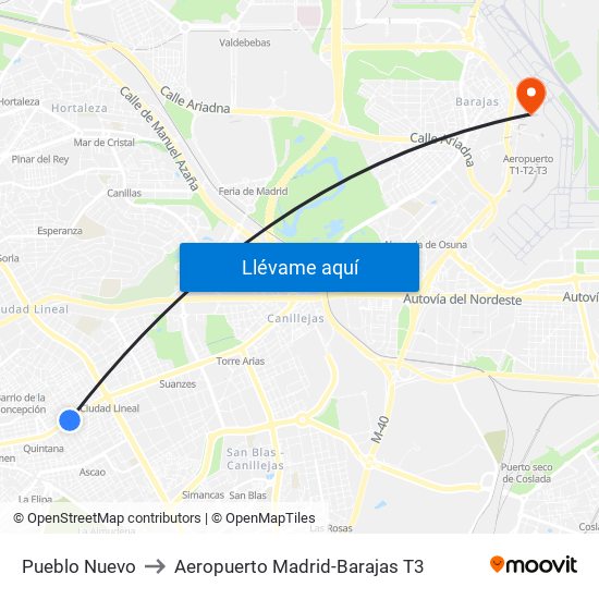 Pueblo Nuevo to Aeropuerto Madrid-Barajas T3 map