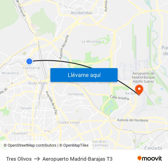 Tres Olivos to Aeropuerto Madrid-Barajas T3 map