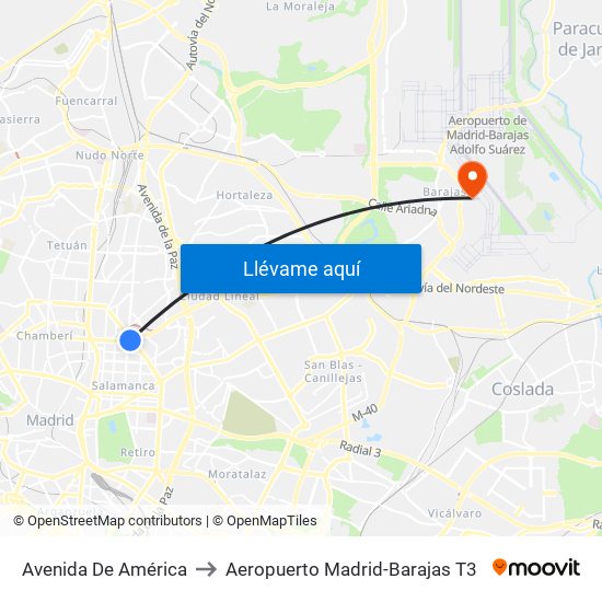 Avenida De América to Aeropuerto Madrid-Barajas T3 map