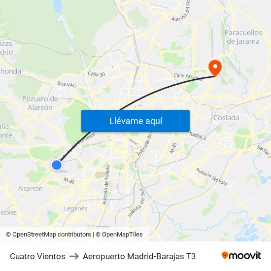 Cuatro Vientos to Aeropuerto Madrid-Barajas T3 map