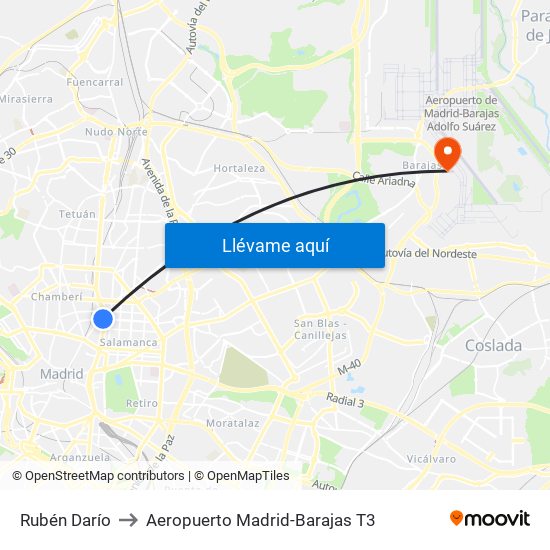 Rubén Darío to Aeropuerto Madrid-Barajas T3 map