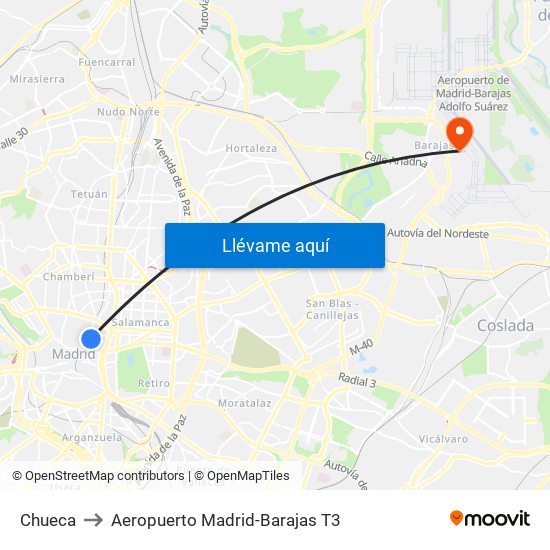 Chueca to Aeropuerto Madrid-Barajas T3 map