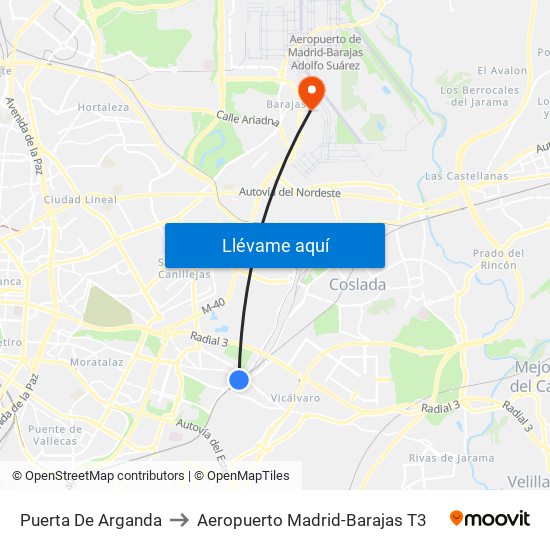 Puerta De Arganda to Aeropuerto Madrid-Barajas T3 map