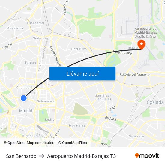 San Bernardo to Aeropuerto Madrid-Barajas T3 map