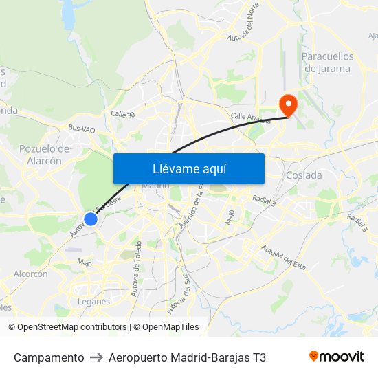 Campamento to Aeropuerto Madrid-Barajas T3 map