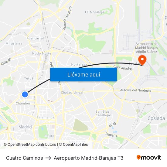 Cuatro Caminos to Aeropuerto Madrid-Barajas T3 map
