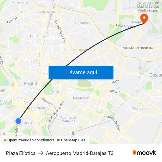 Plaza Elíptica to Aeropuerto Madrid-Barajas T3 map