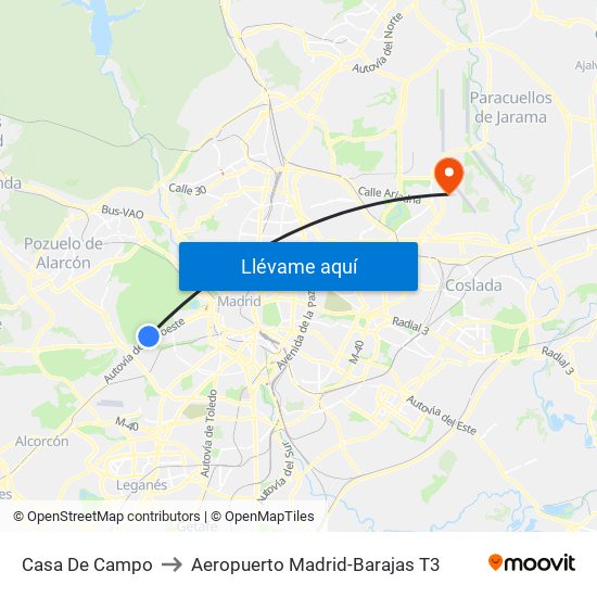 Casa De Campo to Aeropuerto Madrid-Barajas T3 map