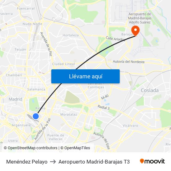 Menéndez Pelayo to Aeropuerto Madrid-Barajas T3 map